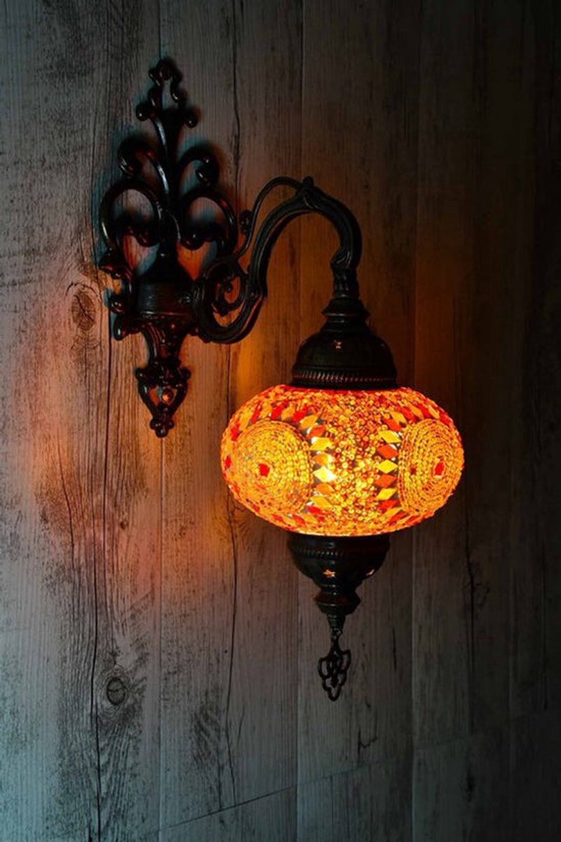 Turkse wandlamp - handgemaakt mozaïek - 1 stuk - rood oranje decoratie met warme sfeer