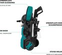 Turquoise hogedrukreiniger met opbergplaats voor accessoires en schuimsproeier, 5m snoer en stevige wielen.