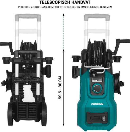 Turquoise hogedrukreiniger met telescopisch handvat, in hoogte verstelbaar van 59.5 tot 86 cm.