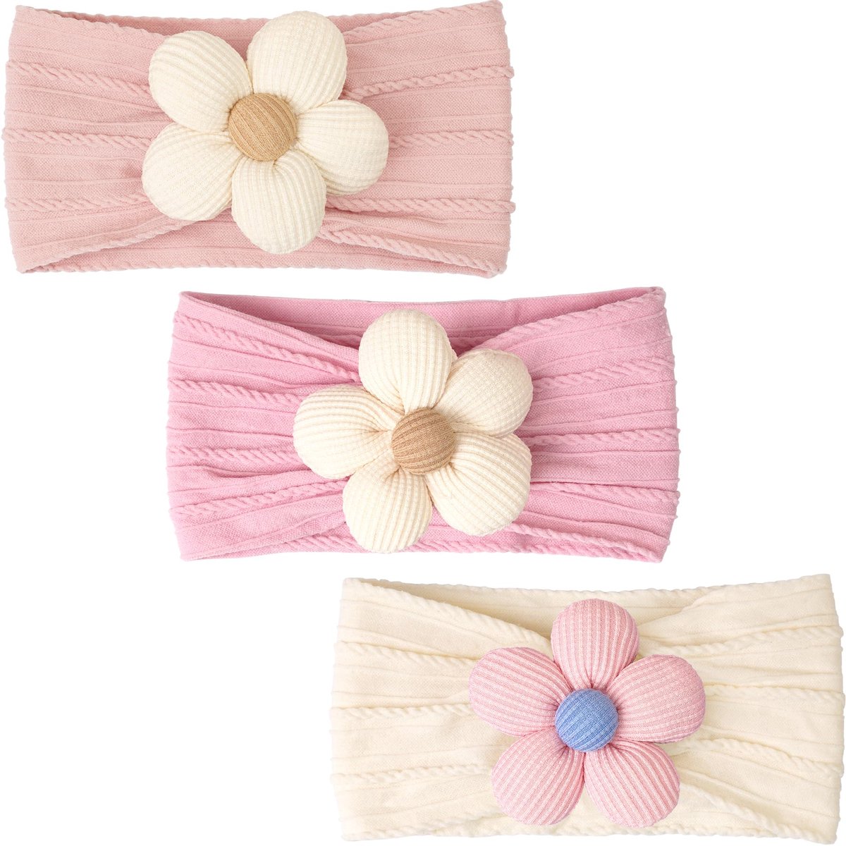 Kraftverdia Baby Meisjes Haarbandjes met Bloem – 3 Stuks – Nylon - Meerkleurig