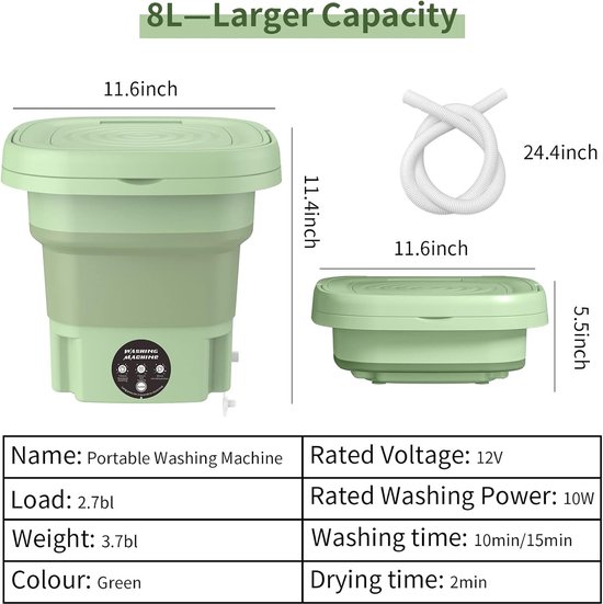 Afmetingen van de lichtgroene opvouwbare mini wasmachine, met 8L capaciteit. Gedetailleerde specificaties van spanning, vermogen, was- en droogtijd.