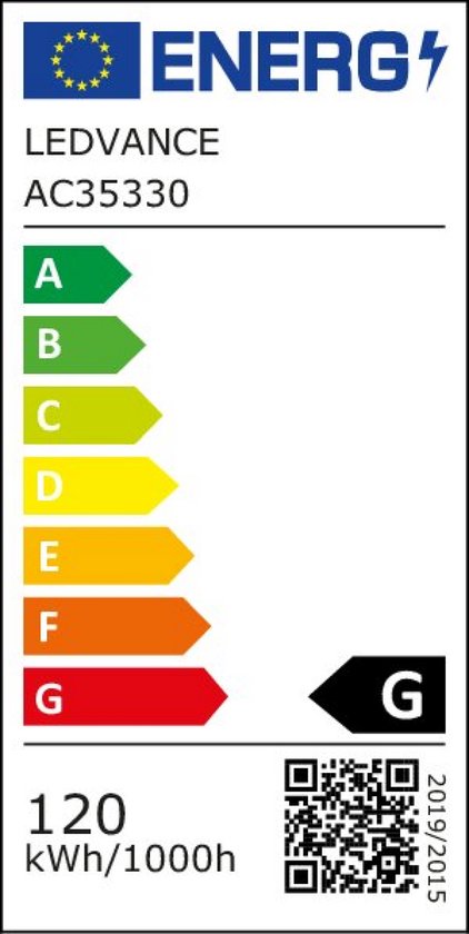 Energie-etiket met de klassen A-G, met G als de laagste efficiëntie. 120 kWh/1000h.