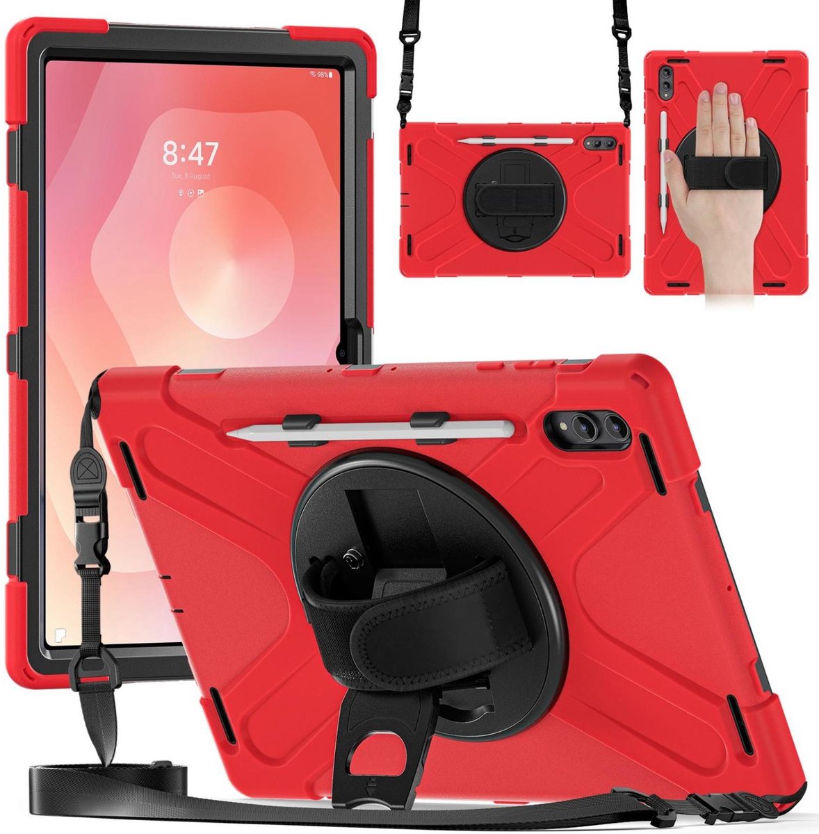 Mobigear Tablethoes geschikt voor Samsung Galaxy Tab S11 Ultra Hoes Hard Kunststof,Siliconen | Mobigear SureGrip XGuard Backcover + Stylus Houder + Schouderband | Schokbestendig Galaxy Tab S11 Ultra Telefoonhoesje | Anti Shock Proof + Standaard -