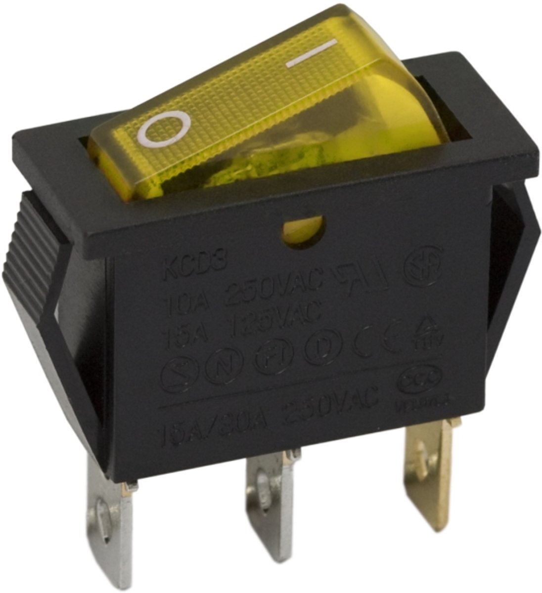 5x Verlichte Wipschakelaar SPST ON-OFF - Rocker Switch 250VAC 16A (20A) - Inbouw Schakelaar Met Gele LED Indicatie - Zwarte Behuizing Voor Bedieningspanelen - Aansluitingen 6x9mm - Inbouwopening 28x10,5mm - Verkoopeenheid 5 Stuks [09050SA]