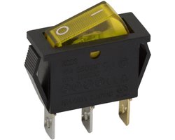 5x Verlichte Wipschakelaar SPST ON-OFF - Rocker Switch 250VAC 16A (20A) - Inbouw Schakelaar Met Gele LED Indicatie - Zwarte Behuizing Voor Bedieningspanelen - Aansluitingen 6x9mm - Inbouwopening 28x10,5mm - Verkoopeenheid 5 Stuks (09050SA)