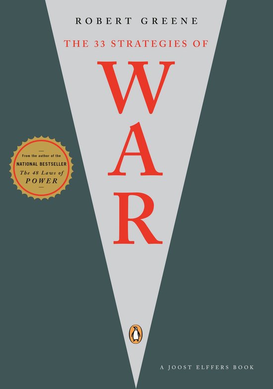 Boek "The 33 Strategies of War" van Robert Greene. Grijze kaft met rode letters.