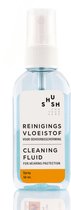 Shush reinigingsvloeistof voor gehoorbescherming in een doorzichtige sprayfles van 50 ml.