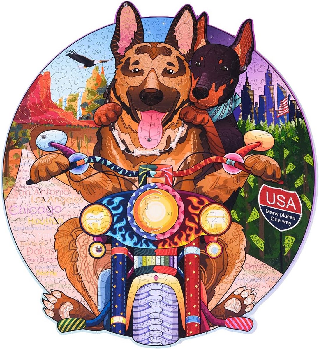 Houten 3D Puzzel Motorrijders Honden - Kristallen Decoratie - Uniek Vormige Stukjes