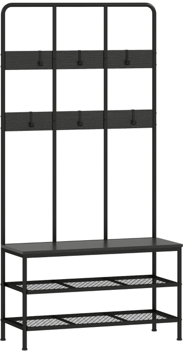 Clruro Kledingkast - 105x35x175 cm - 3-in-1 Garderobestandaard Met Haken, Zitbank & Schoenrek - Multifunctioneel - Spanplaat/Metaal - Zwart