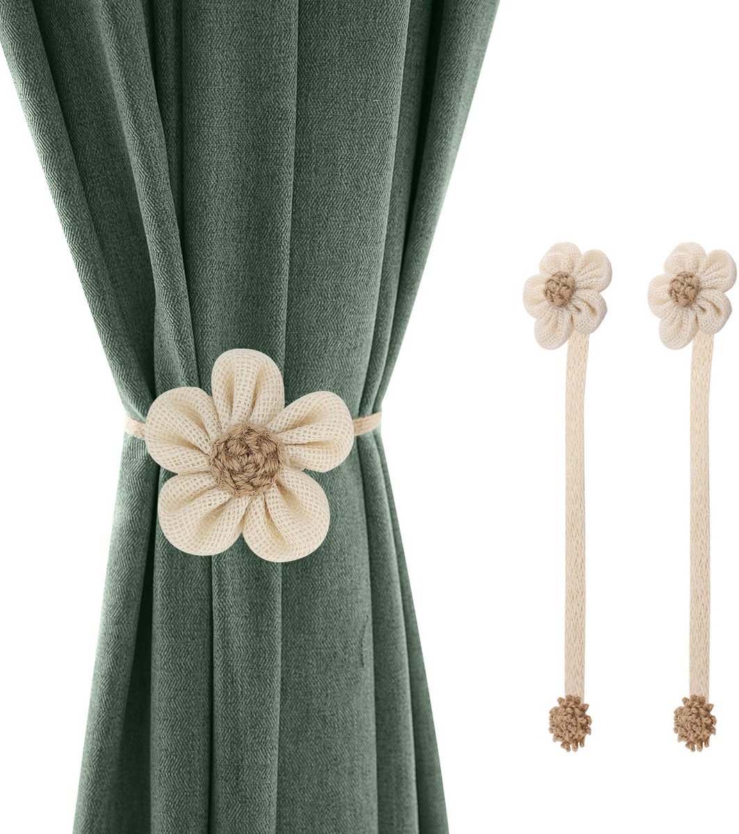 JeiibrZui Gordijnhaken - Gordijnbinders - Magnetische sluiting, Linnen zonnebloemversiering, Beige - Set van 2 - Geschikt voor woonkamer en slaapkamer, Beige