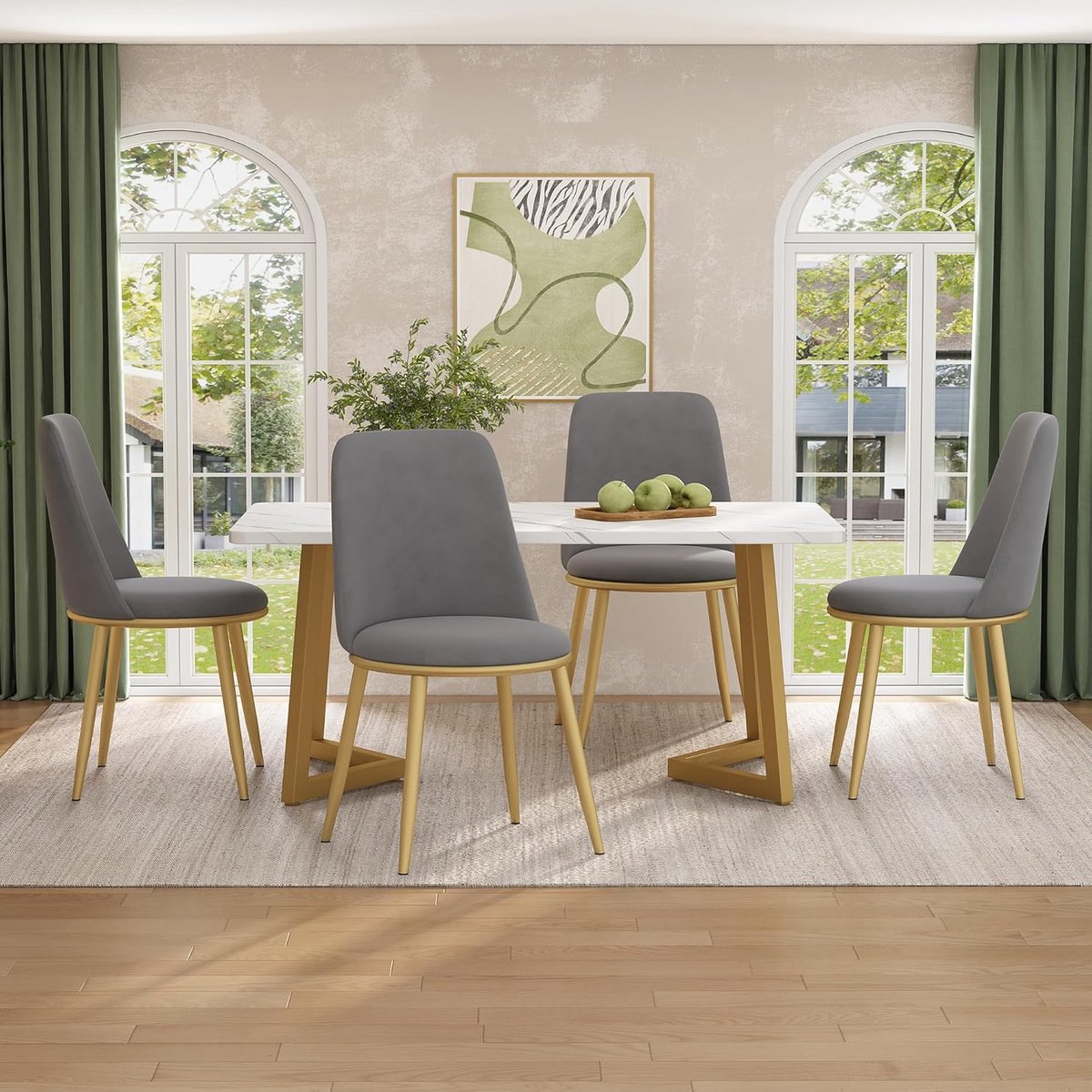Moderne Eetkamerset met 4 Stoelen en Ronde Tafel, Fluweel Grijs en Goudkleurige Poten