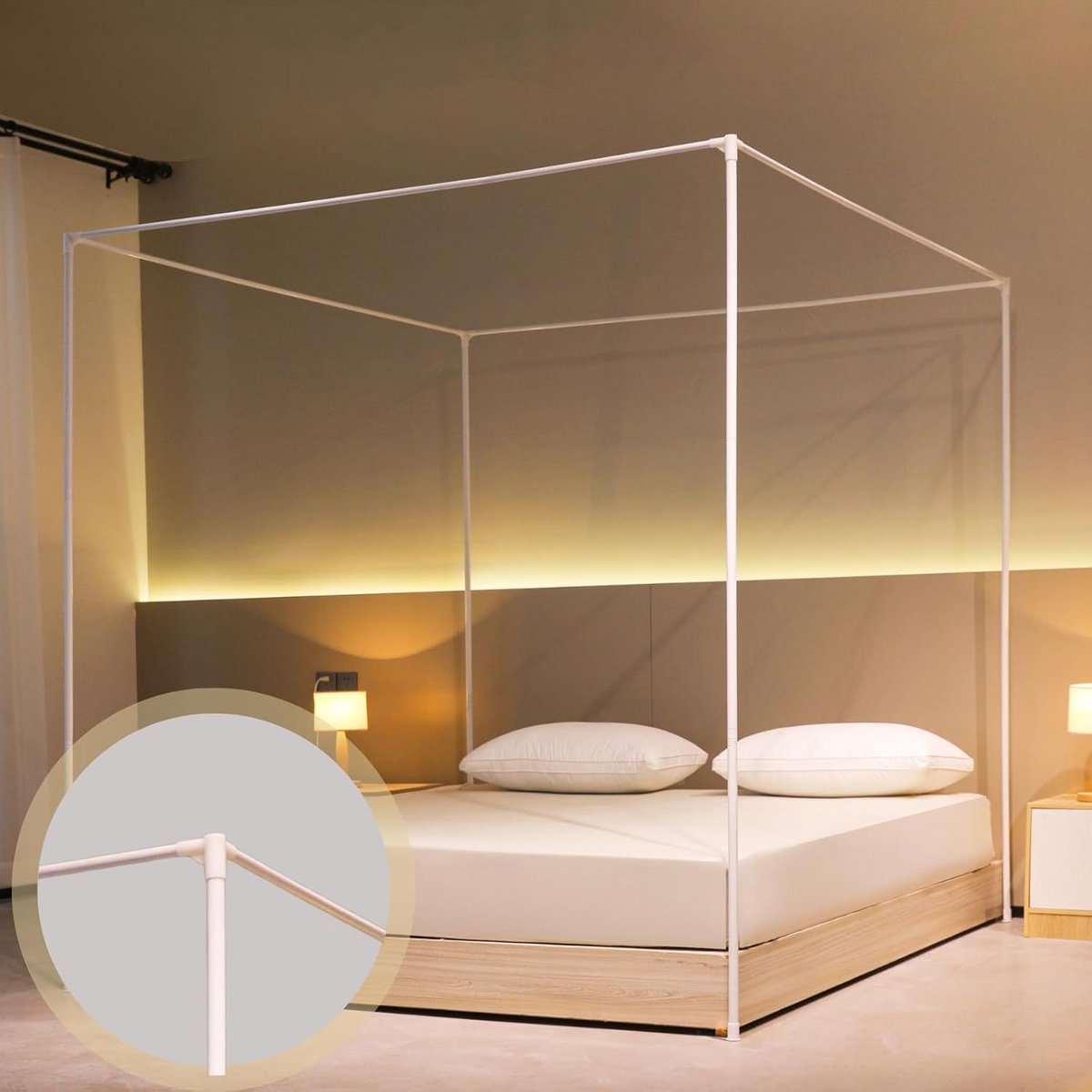 Hemelbed Frame 4 Palen Wit - Uitbreidbaar voor Muggennet of Speeltent - Super King