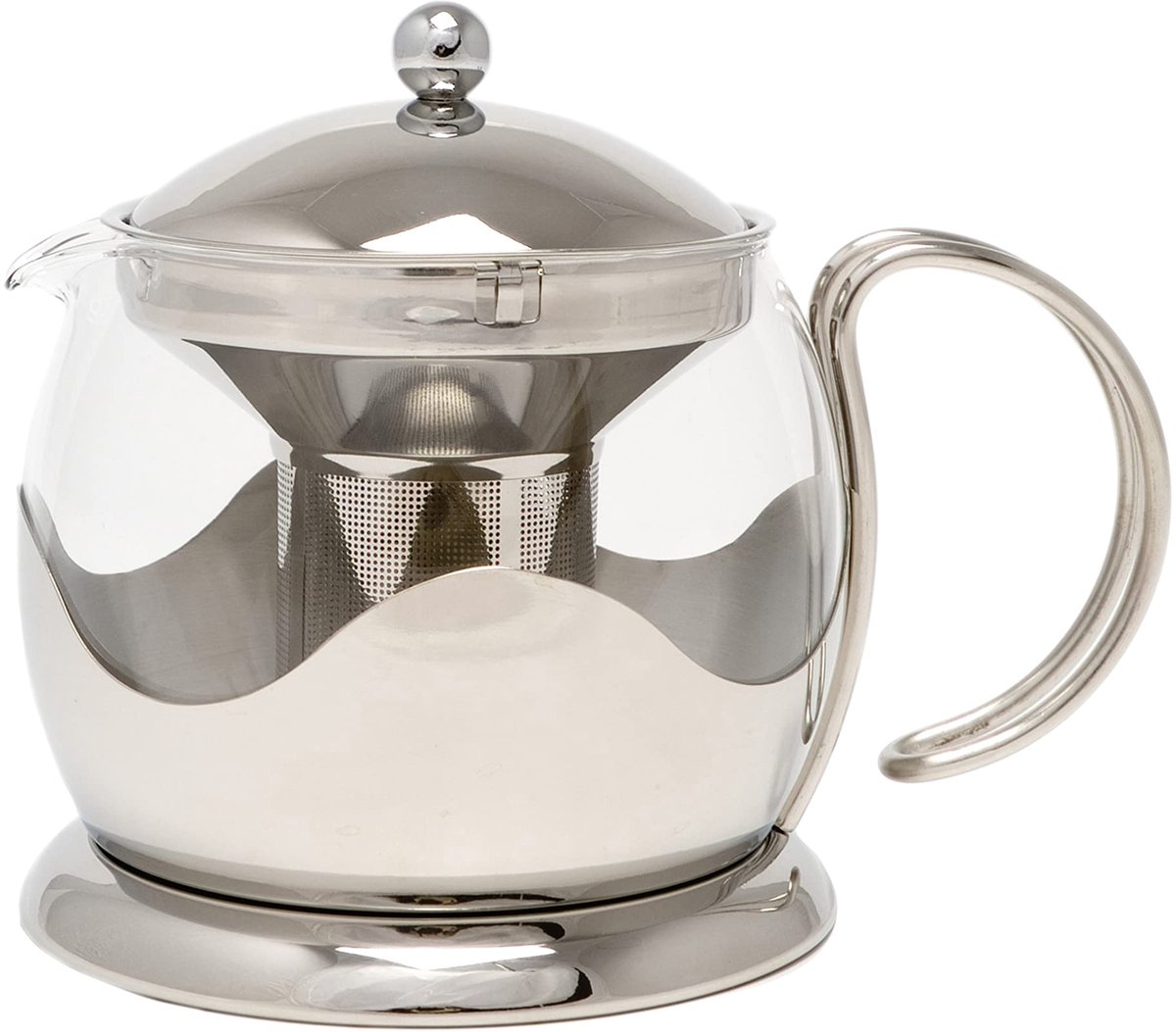 Unyqoos® Stijlvolle zilverkleurige theepot met theezeef en glazen kan van 1 liter