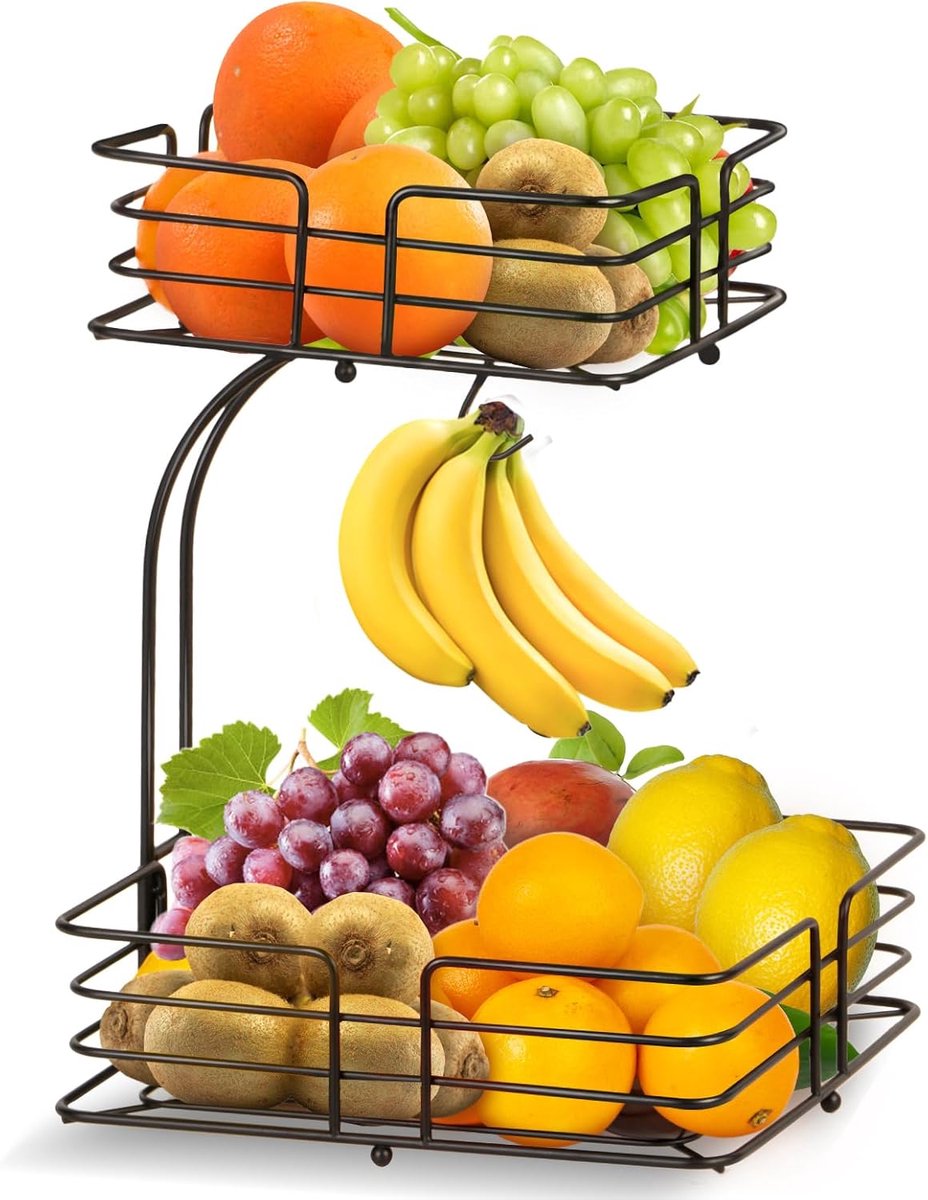 Famanu – Fruitmand 2 verdiepingen met bananenhouder – afneembare metalen fruitetagère (zwart)