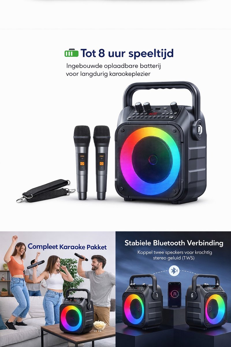 Bluetooth Karaoke Box met 2 Draadloze Microfoons en Kleurrijke LED-Lichten – Draagbare Speaker voor Feest en Entertainment – Zwart