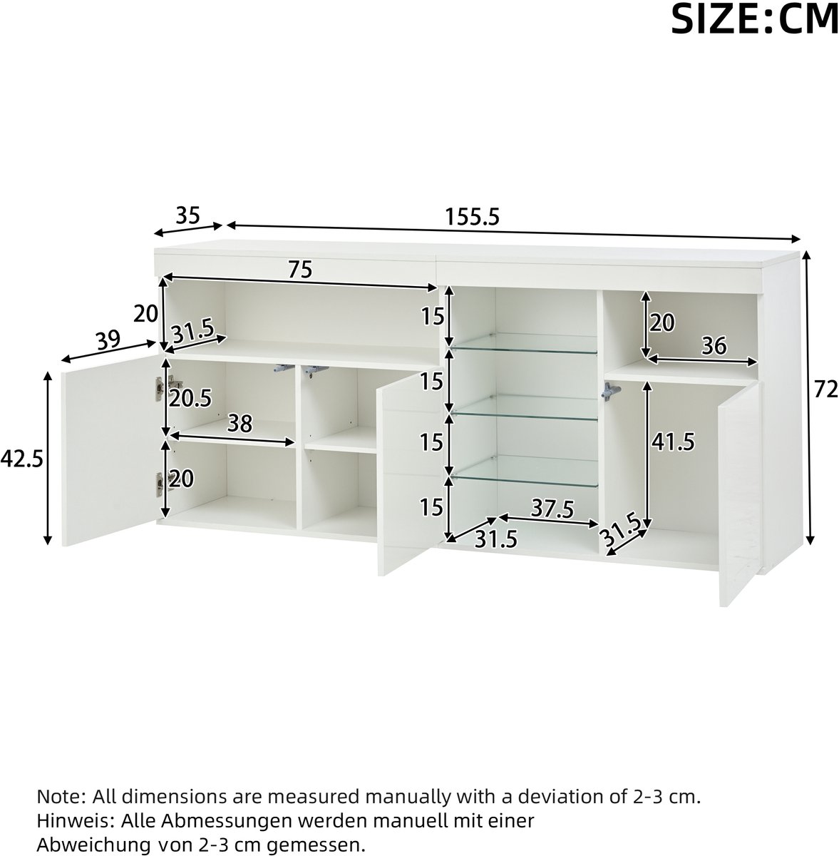 Woonkamerkast 155,5*35*72 cm, hoogglans kast met ledverlichting, dressoir met 3 kastdeuren en 3 glazen vakken, eetkamerkast, brede greeploze vakken, bankdressoir, wit