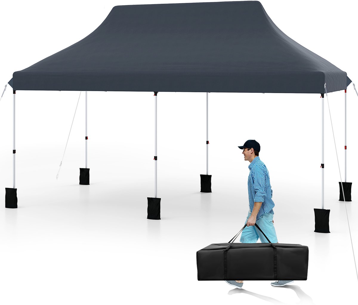 COSTWAY 3 x 6 m paviljoen, vouwpaviljoen, waterafstotend, stabiel, winterbestendig, uv-bescherming 50+, in hoogte verstelbare partytent, tuinpaviljoen met draagtas, voor tuin, bruiloft, feest, zwart