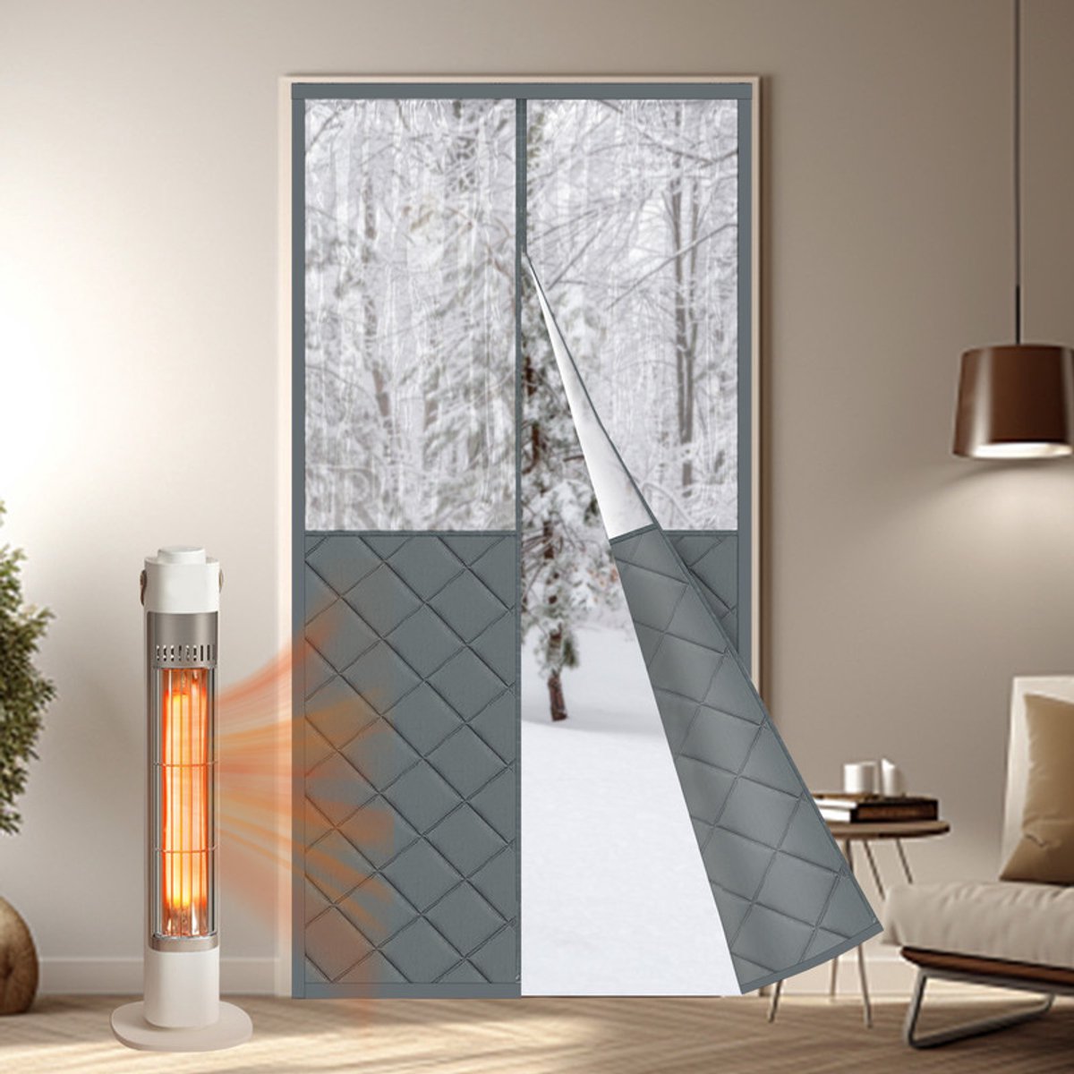 MUPOO Magnetisch Deurgordijn - Zelfklevend & Thermisch Isolerend - 420 GSM - Warmte- en Tochtwerend - Gewatteerd - Automatisch Sluitend - voor Thuis, Winkel of Restaurant(Grijs2, B90xH210cm) Grijs-2