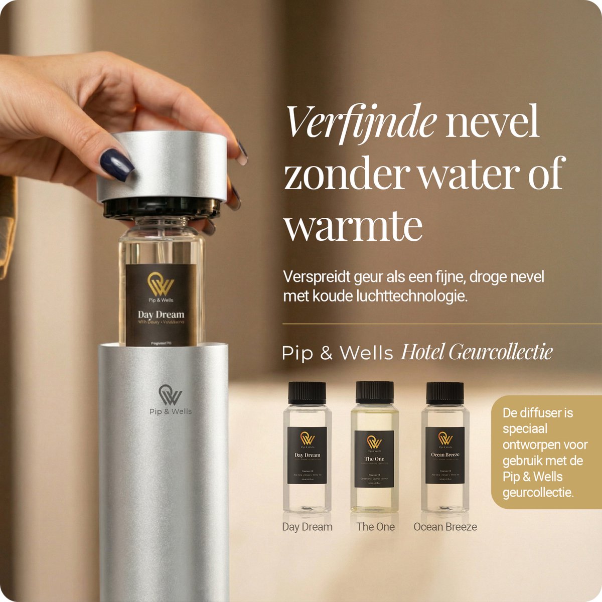 Pip & Wells® Pure One Aroma Diffuser – Waterloze Geurverspreider met 3 Hotelgeuren – Etherische Olie - 360ml – Mat Zilver - Inclusief Afstandsbediening & Oplader — cadeau in Wonen & Interieur - foto 2