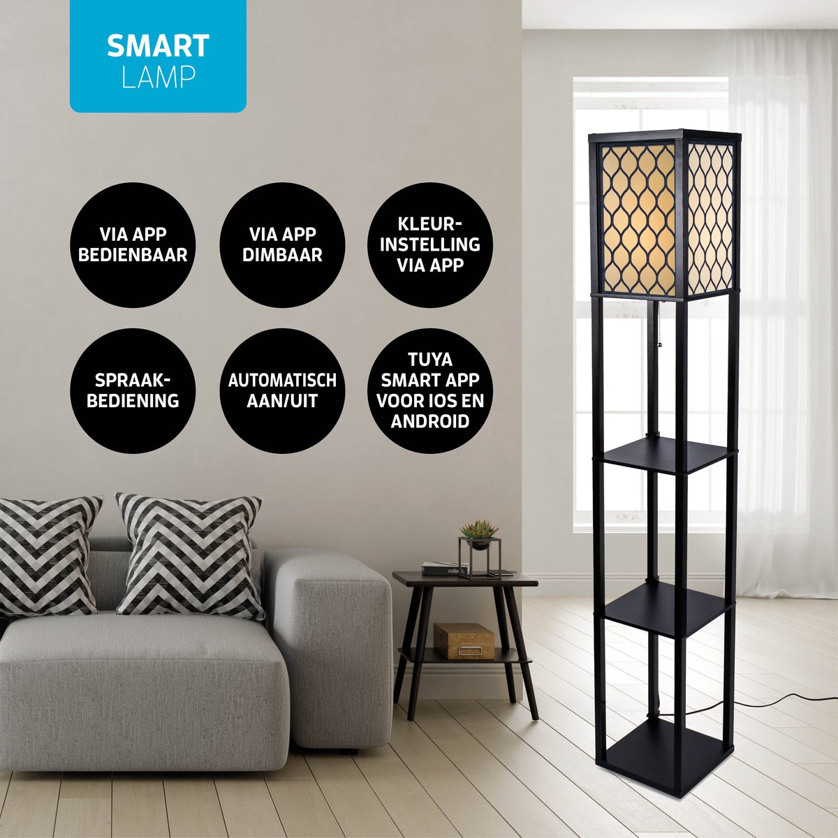 Varin® Vloerlamp met vakken - Zwart/gaas - Met E27 Led lamp - Dimbaar - Witlicht RGB - Smart Lamp Tuya wifi - Slimme staande lampen - Sfeerlamp - Vakkenkast - Lamp industrieel - Daglichtlamp - Vloerlampen - Verlichting woonkamer, keuken en slaapkamer thumbnail 3