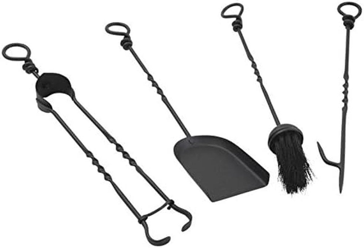 4-delige Haardgereedschap Set Smeedijzer 46 cm Pook Vuurtondeuse Bezem Schep