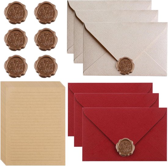 Papier à Lettres Vintage avec Enveloppe - 8 Feuilles de Papier à Lettres Rétro - 8 Enveloppes - 8 Cachets de Cire - 10 Feuilles de Papier Kraft - Rose - Blanc - Brun