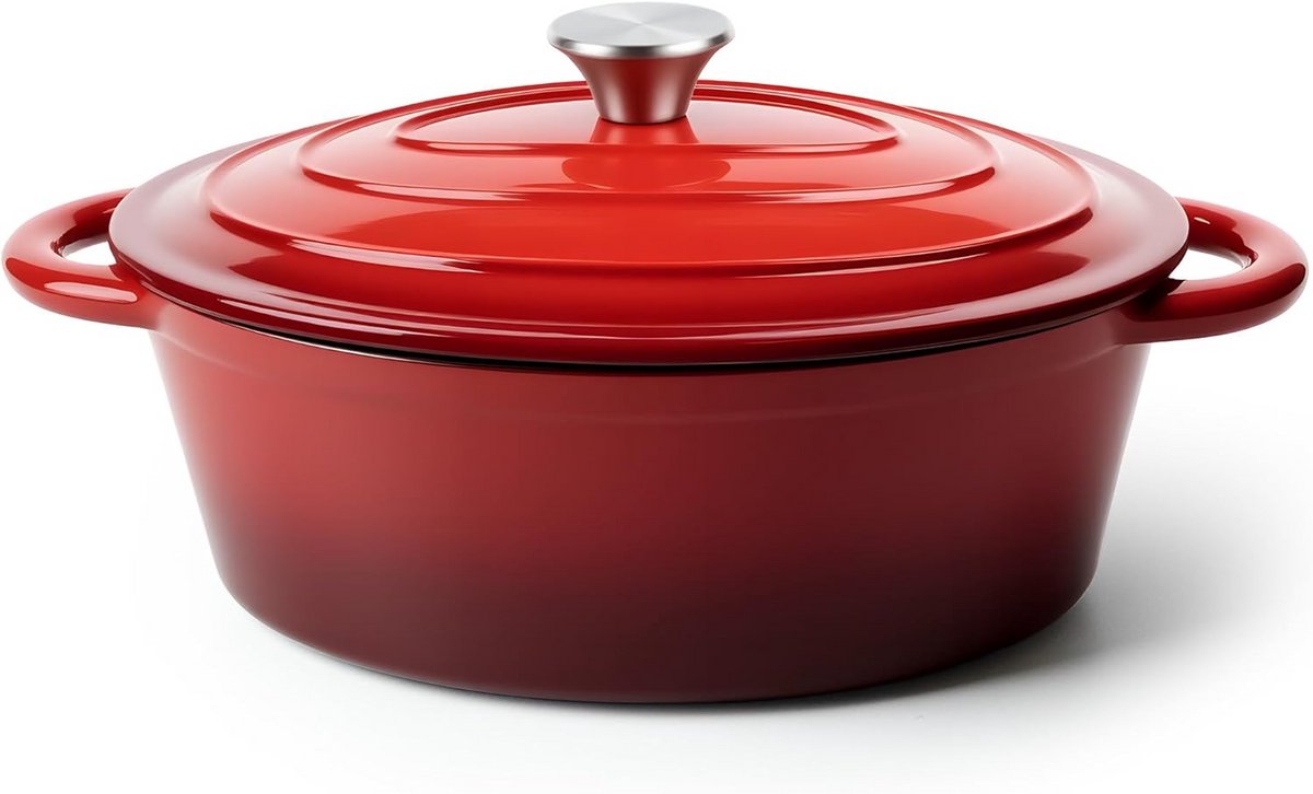 Gietijzeren Ovale Hollandse Oven, Rood, 7 Liter