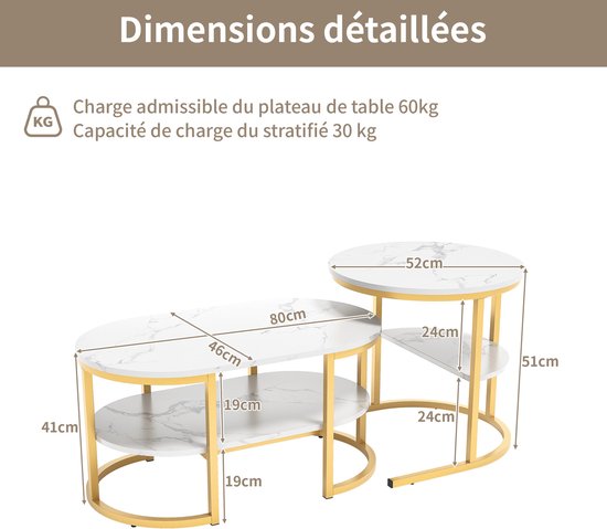Gedetailleerde afmetingen van een ovale en een ronde salontafel met marmerlook blad en gouden frame.
