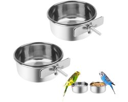 Voederbak voor Vogels – Roestvrijstalen Voer- & Waterbak met Clip – Voor Vogelkooi – Geschikt voor Papegaaien, Parkieten & Kleine Knaagdieren – 10cm – 2 Stuks