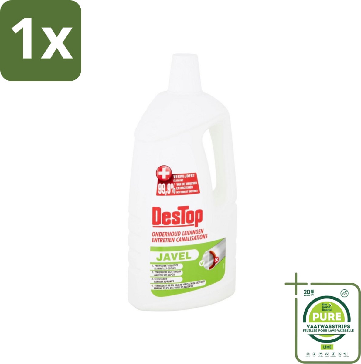 1 x DesTop - Onderhoud Leidingen - Javel - 4-in-1 Werking - Citroengeur - 1,5L - Riolering Schoonmaken - Leidingen Reinigen - Geur Neutraliseren - Afvoer Ontstoppen - Javel