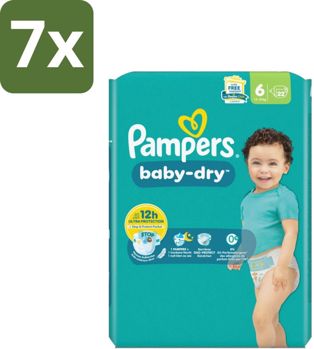 7 x Pampers – Luiers – Baby Dry Maat 6 – 22 Luiers - Baby Luier - Droge Luier - Luier Voor Baby - Luier Maat 6 - Lekbescherming