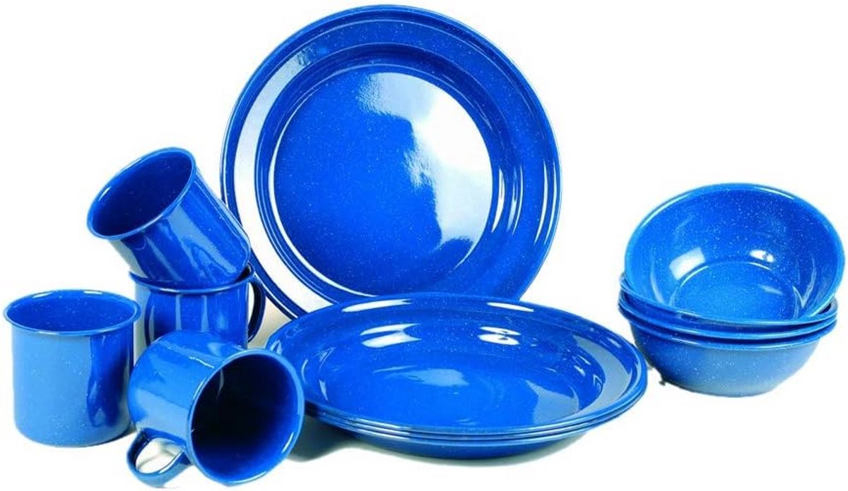 12-delige Camping Servies Set - Blauw Enamelled Buiten Eetset