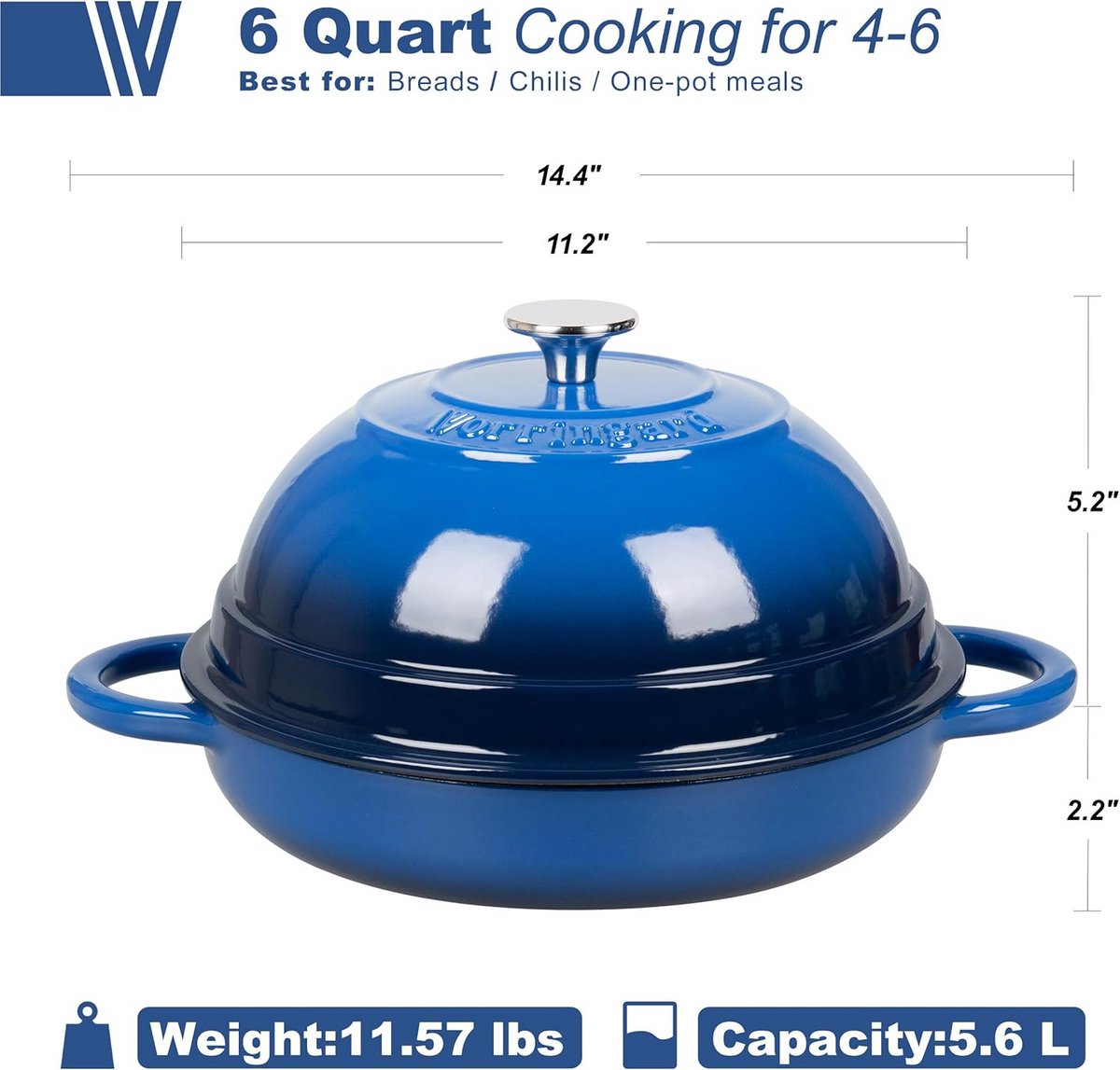 Gietijzeren Emaille Braadpan met Deksel voor Brood Bakken, 6 Liter, Blauw