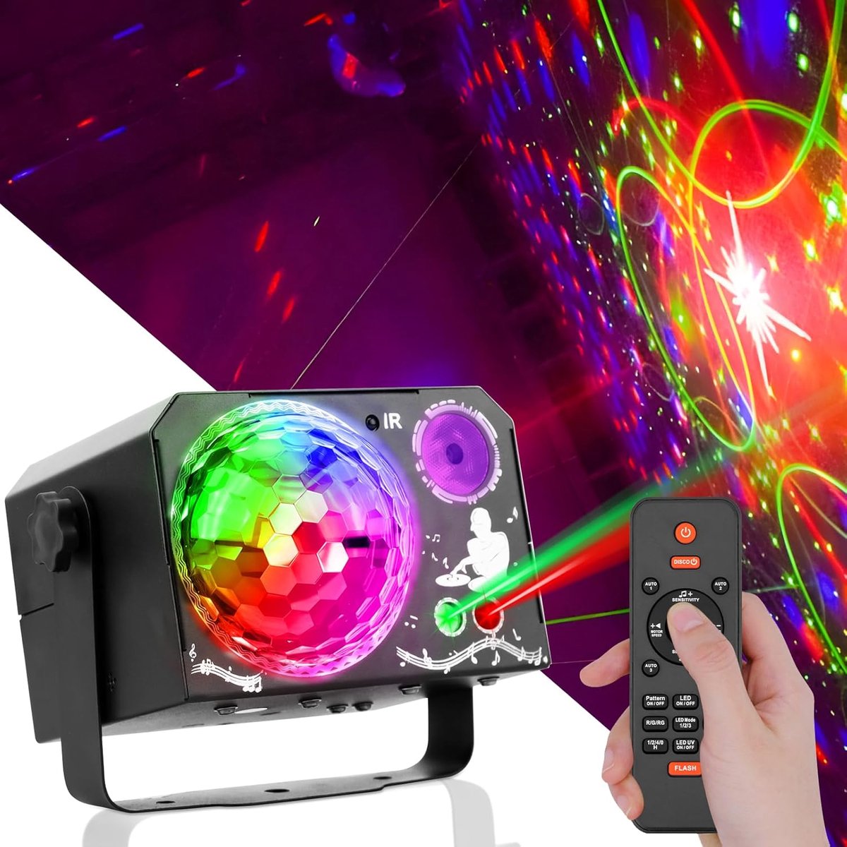 ANMI® Discolamp Laser Lights - Disco Bal Licht met 64 LED Lichtpatronen - Geluidsgestuurde Stroboscoop DJ Stage Light met Afstandsbediening - 7 Kleuren & Modi - Dj set - Disco lichteffecten - Voor Feest, Party Thuis Kinderkamer Karaoke Decoratie
