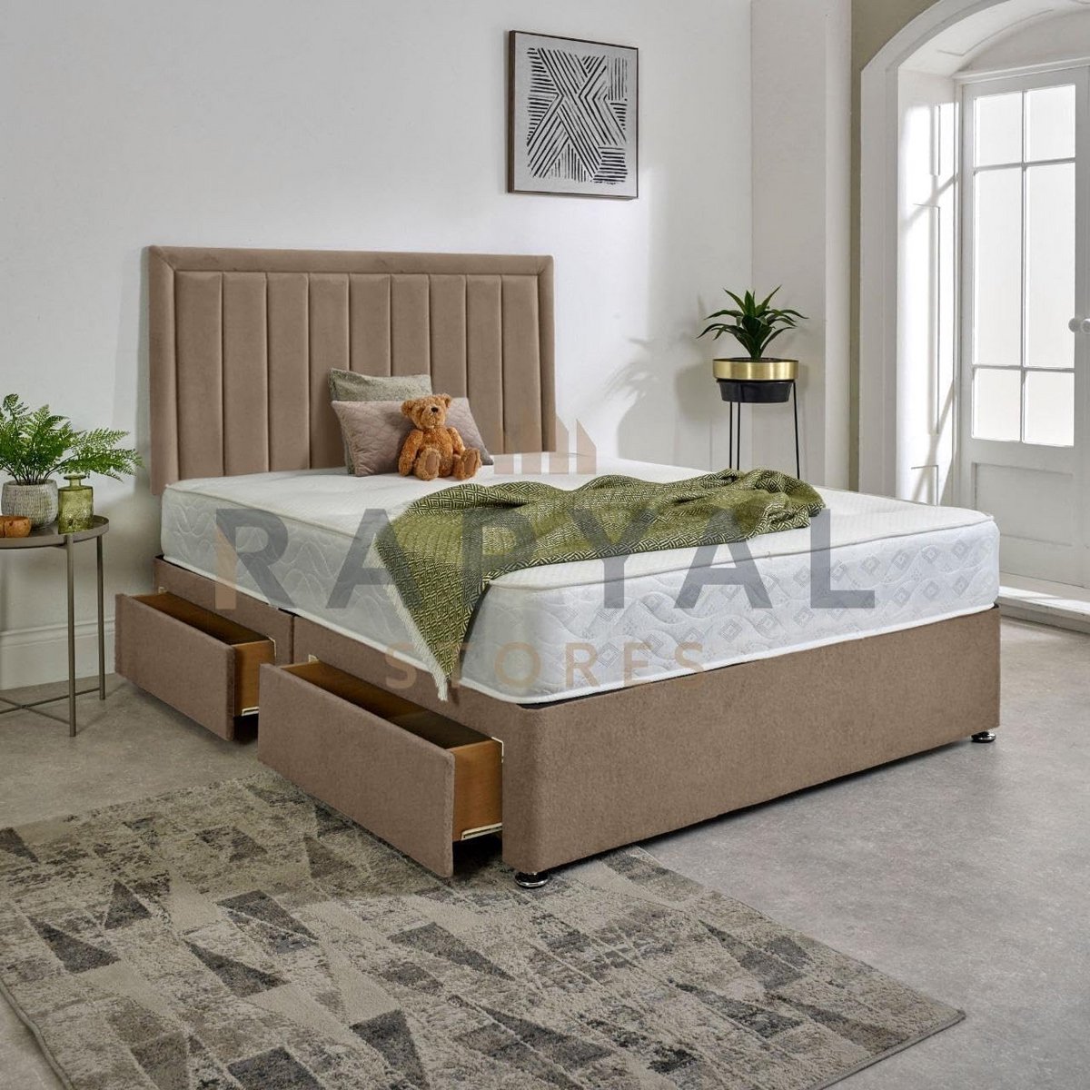 Luxe Boxspring Bed met Traagschuim Matras en Hoofdbord (Eenpersoons, Beige)