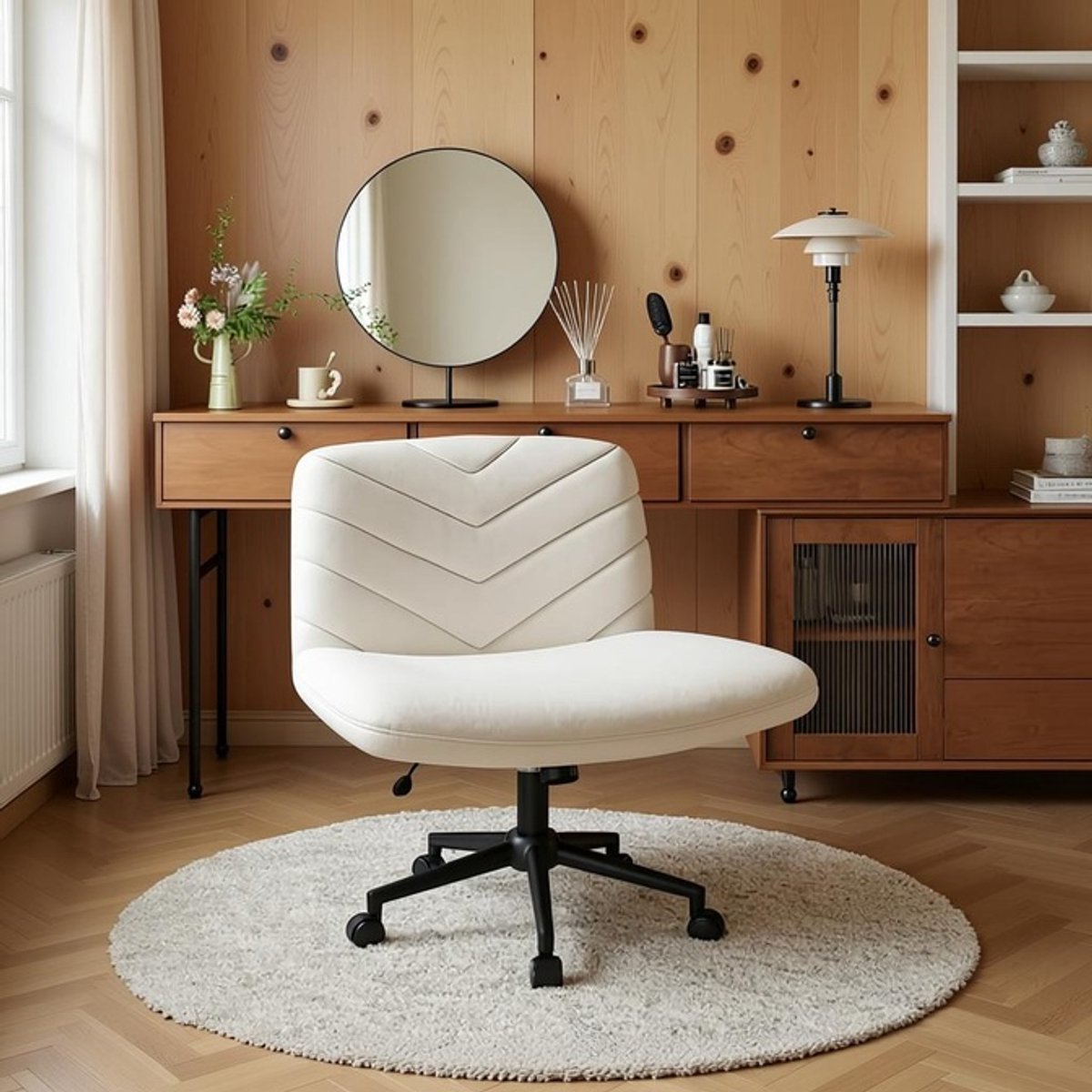 Bureaustoel met Wielen – Comfortabele Brede Zit, Verstelbare Hoogte, 360° Draaibaar & Luxe Design voor Thuis en Kantoor – Beige – House&Garden