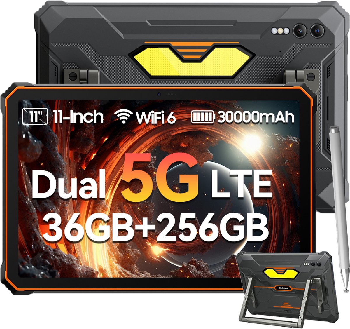 KINGRID Tablet - Active 10 Pro 5G Outdoor Tablet - 11 inch - 36GB RAM - 256GB ROM - 30000mAh - IP68 Waterdicht Tablet - 55W Snel opladen - Dual SIM - Oranje