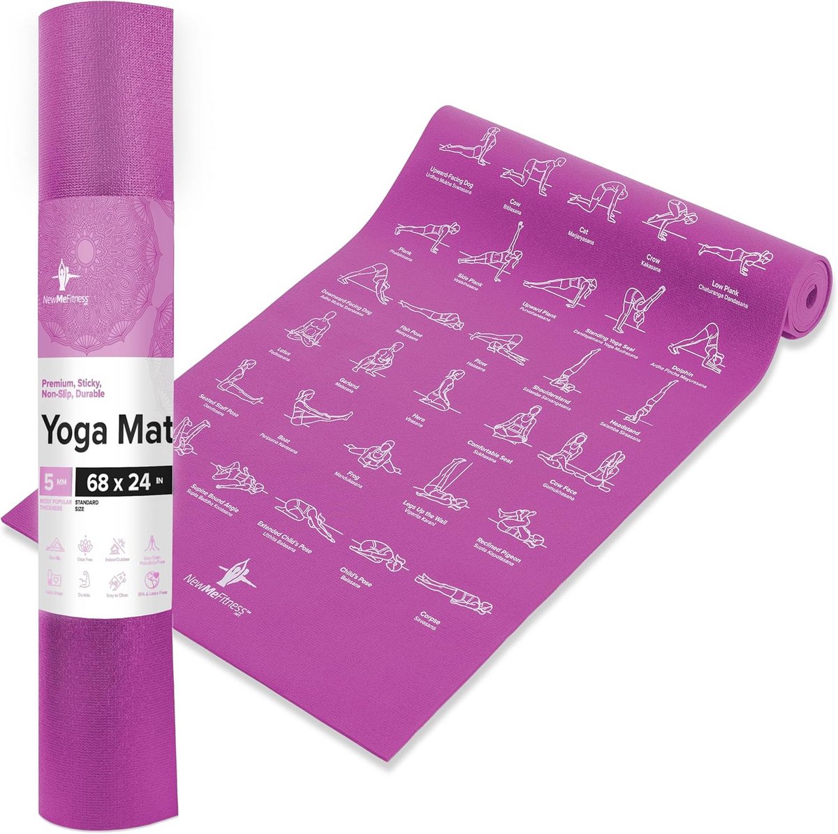Antislip Yogamat met 70 Houdingen - 5mm Dik en Extra Groot (168cm) voor Yoga, Pilates en Fitness
