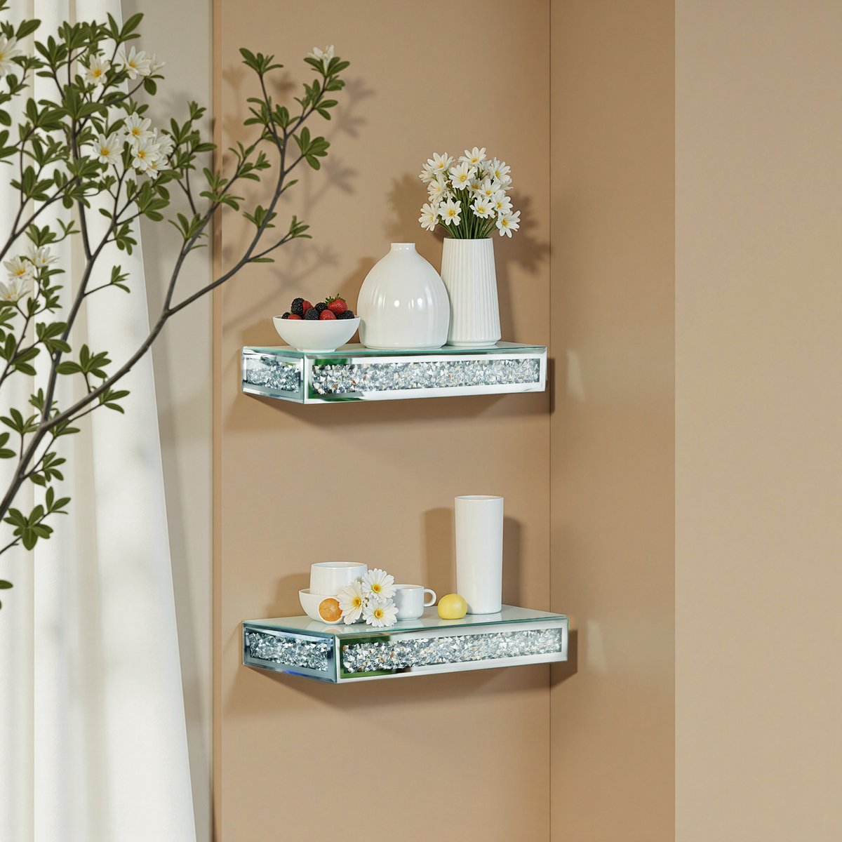Artloge Wandplank - Gespiegelde Wandrek - Planken Met Diamanten - zilver - 38x15.2x6cm