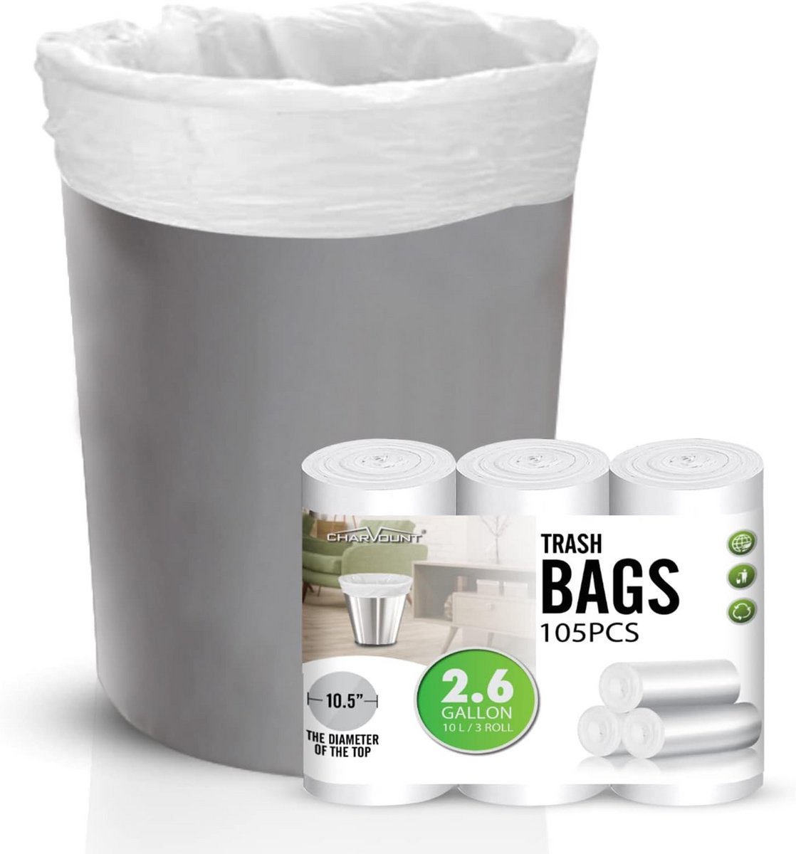 Kleine Vuilniszakken 2.6 Gallon (10L) - Wit, Sterk en Ongeparfumeerd voor Badkamer, Keuken en Kantoor (105 Stuks)