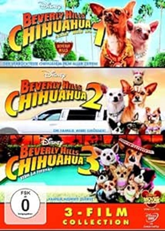 DVD-hoes van de Beverly Hills Chihuahua trilogie met op elke hoes chihuahua's, met de tekst "Beverly Hills Chihuahua" in geel.