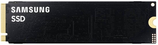 Zwarte Samsung SSD M.2 printplaat, achterkant zichtbaar met componenten.