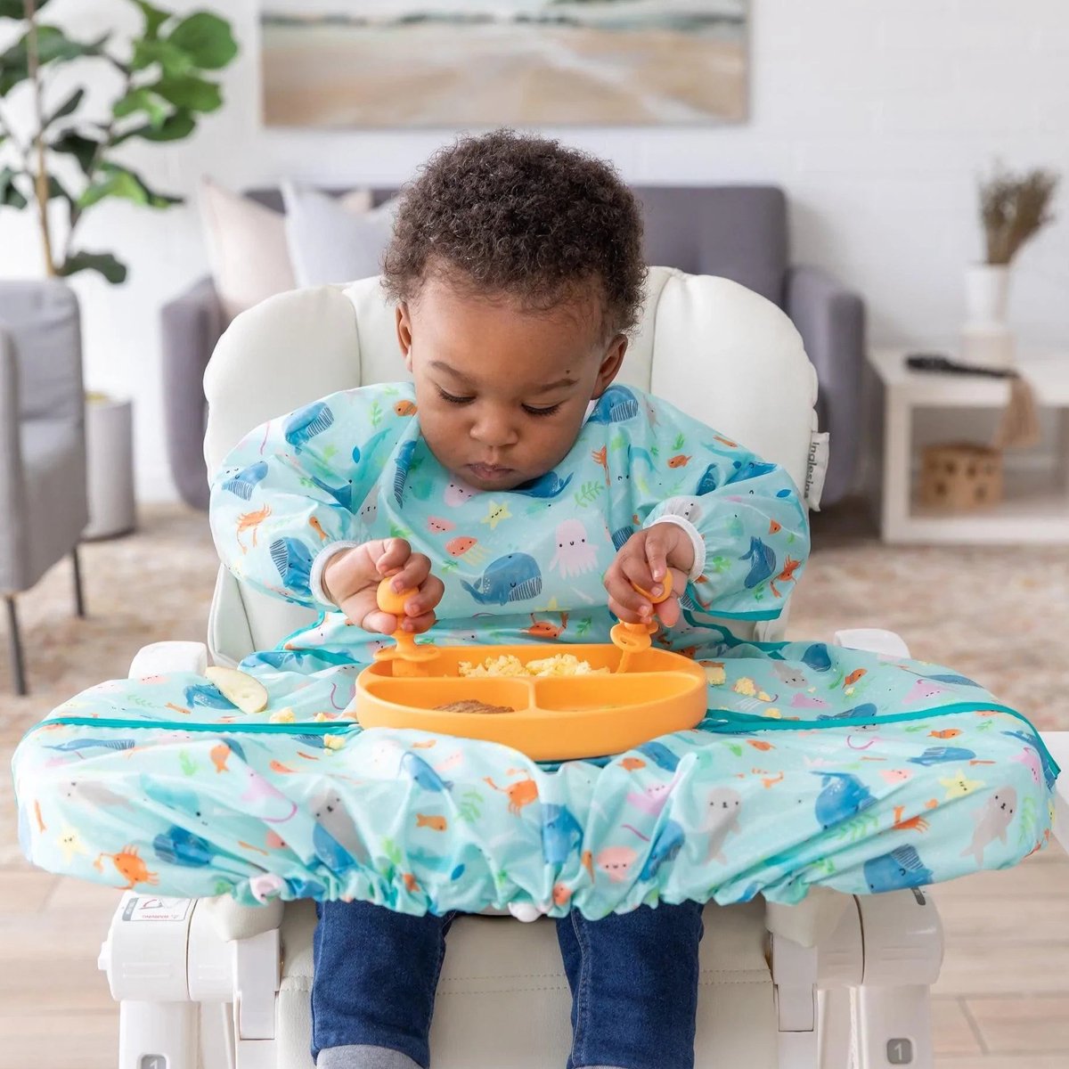 Bumkins - Tray Mate Sleeved Bib | Mouwslab voor de Kinderstoel - Ocean Life (6-24 maanden)