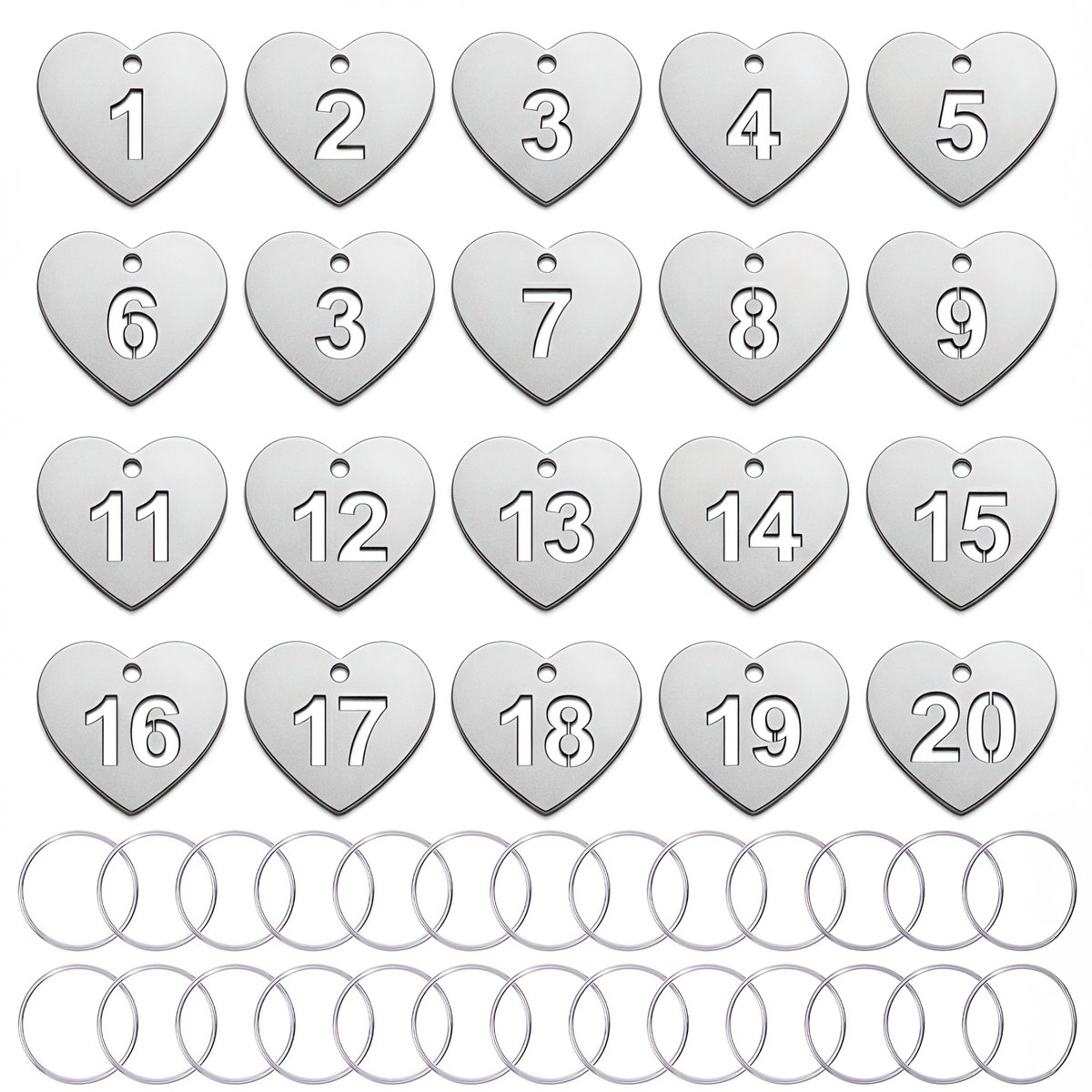 20 RVS Gegraveerd Hartvorm Sleutellabels met 20 Sleutelringen - Gegraveerd 1 tem 20 Sleutelhangers Tags voor Volwassenen - Sleutelring - Sleutels Onderscheider - Labels met Ring - Keychain Sleutelhouder Sleutelrekje - Bagagelabel - Key Sleutelclip