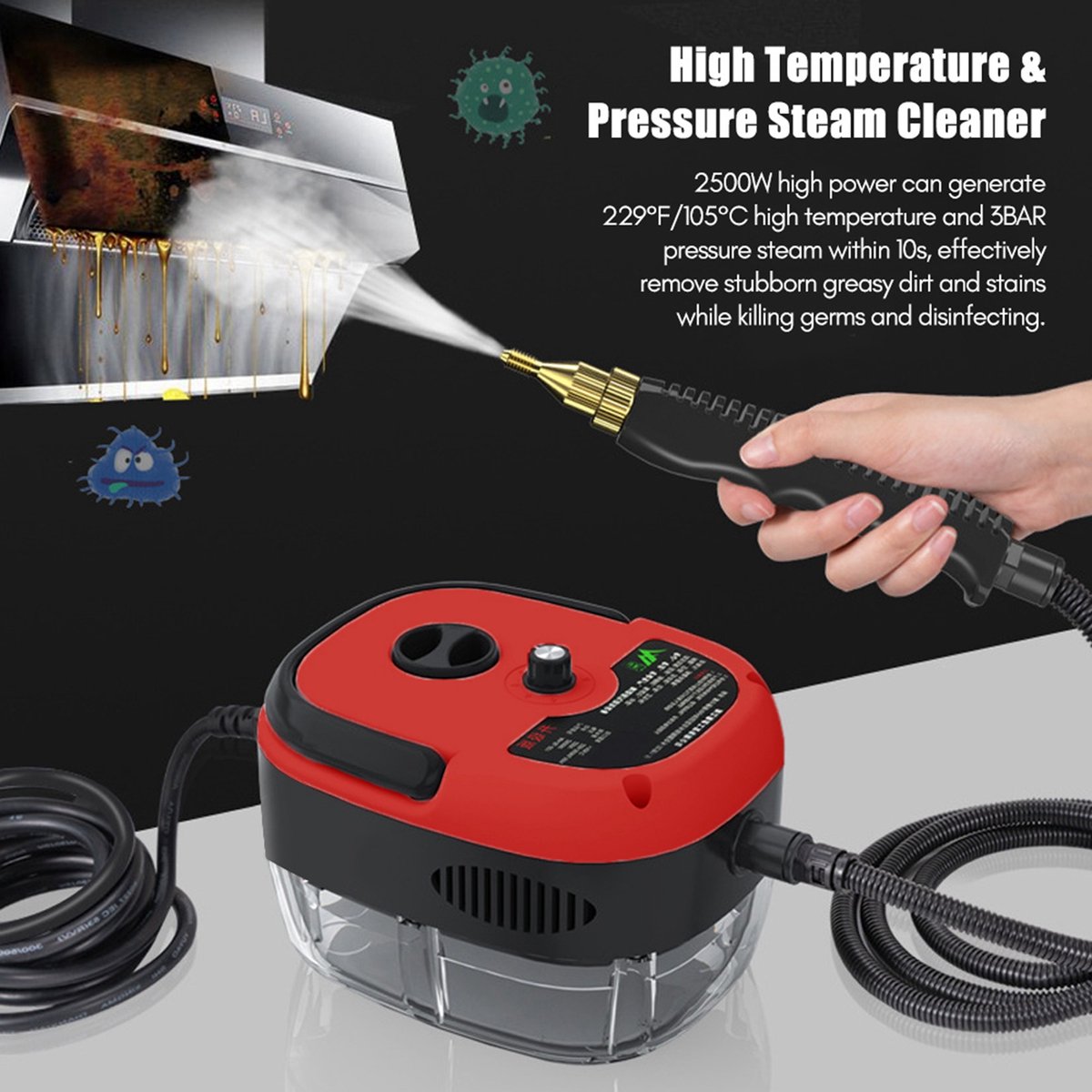 Omabeta Huishoud Serie – 1500W Stoomreiniger – 220V EU, 6 Standen & 105°C Sterilisatie, Met Lange Gebogen Buis en 3 Borstels Rood