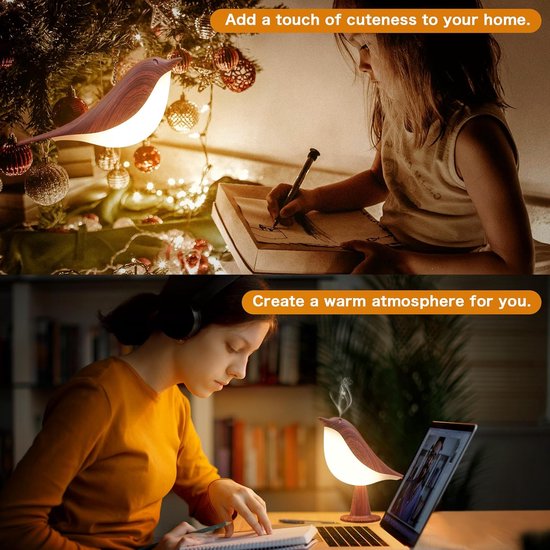 Houtkleur bureaulamp - vogel lamp met 3 kleurtemperatuur en aanraaksensor - draadloze kinderlamp met oplaadbare batterij - voor slaapkamer, nachtkastje, nachtkastje, auto decoratieve verlichting — afbeelding 4