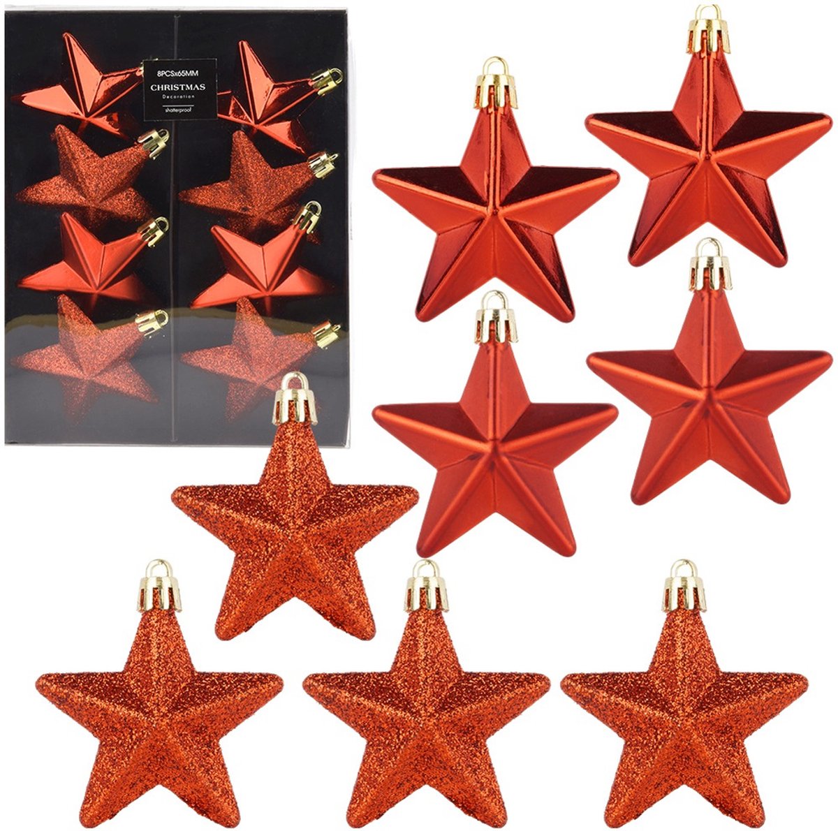 Kerstballen Set Onbreekbaar Sterren Rood 6,5 cm 8 stuks - Kerstdecoratie