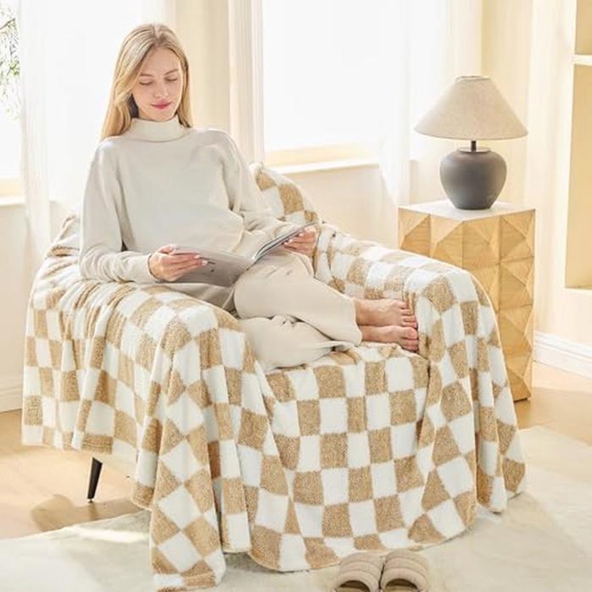 Fleece Deken Geruit Beige 200x230cm - Zacht en Pluizig