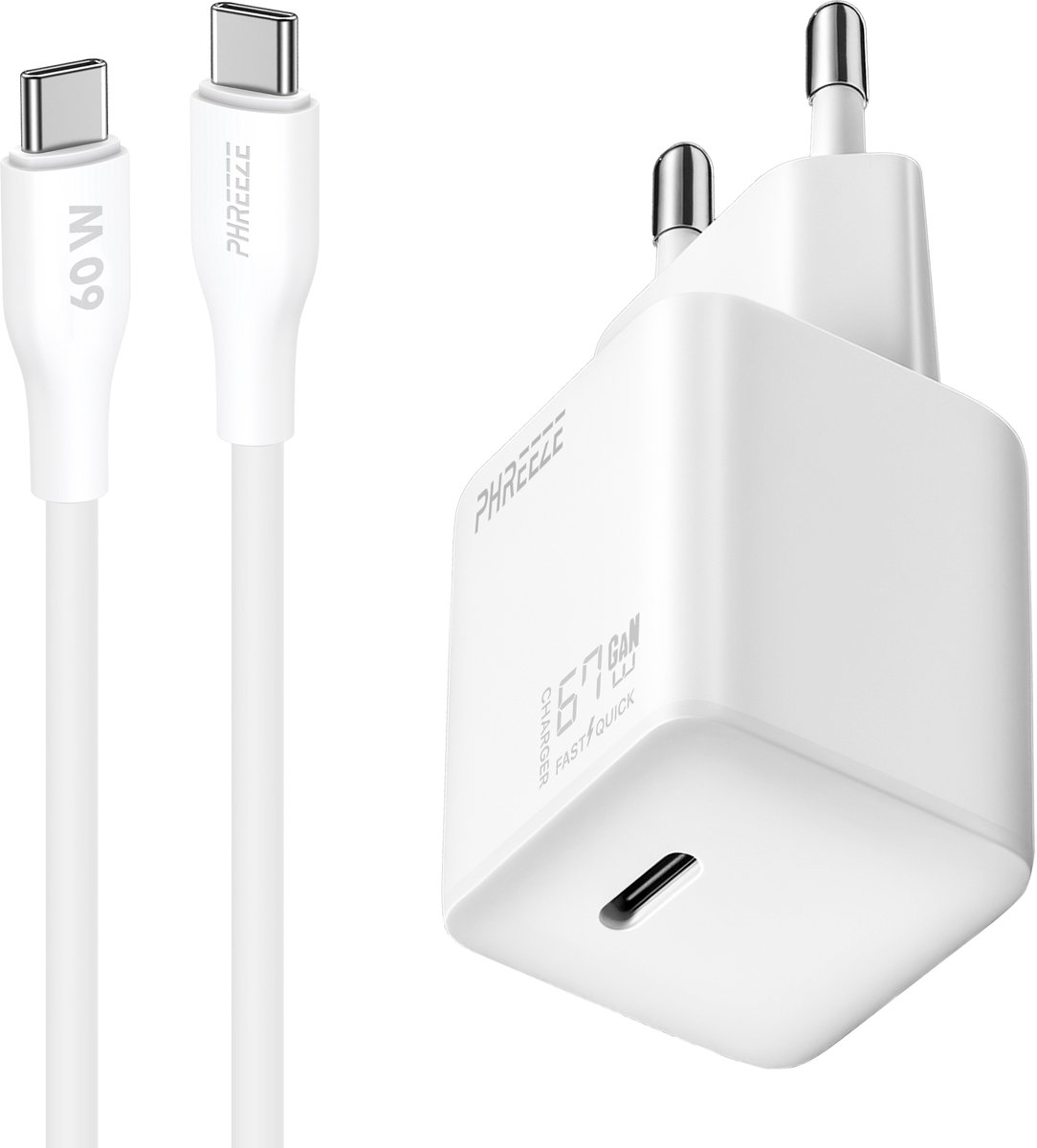 67w usb c oplader - snellader - met kabel 1 meter - usb C adapter - universeel - wit