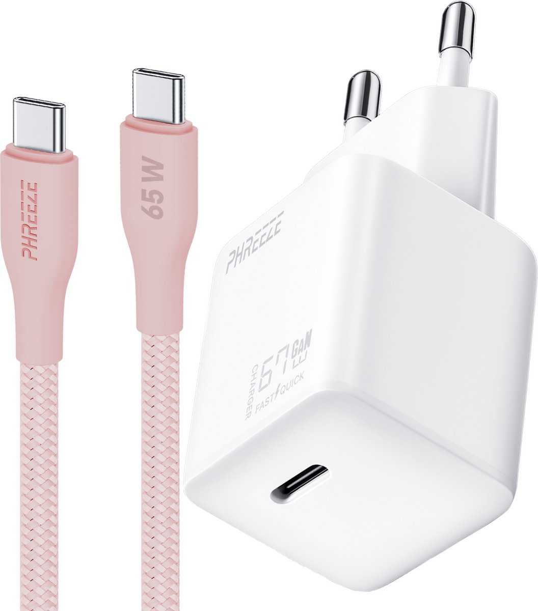 65w oplader met kabel - usb C snellader - Oplaadstekker - usb C naar usb C - 1 meter - Roze